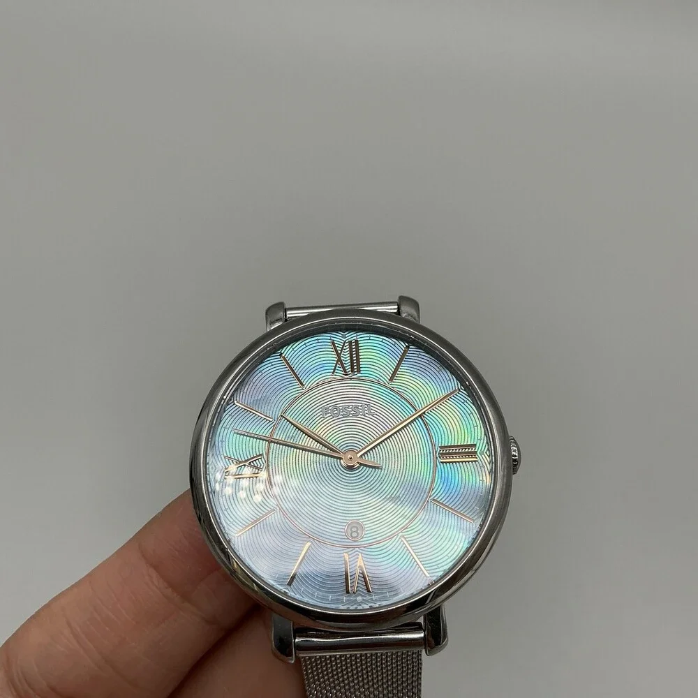 Fossil ES4322 Womens Watch 36mm Blue Dial Stainless Date Mesh Band New Battery